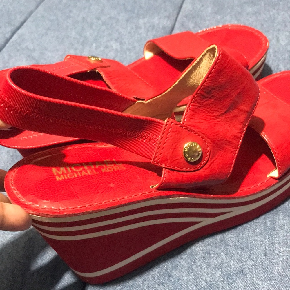 New red wedge sandal side: 9. 1/2, 4” high - Picture 1 of 13